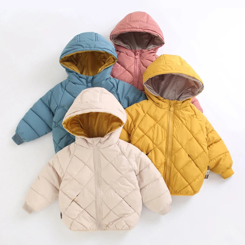 1-8 Years Spring Autumn Boys Girls Jacket Thick Fleece-lined Grid Design Hooded Coat For Kids Children Outdoor Outerwear