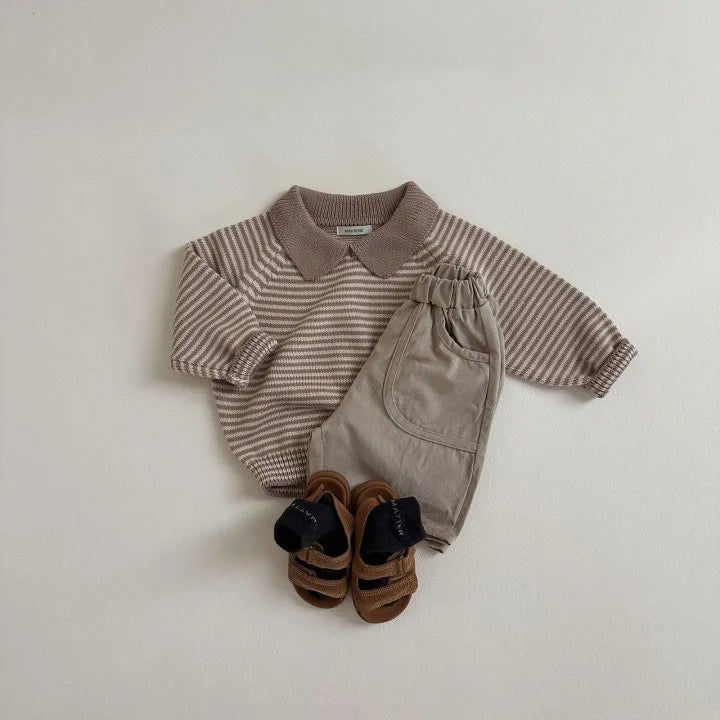 Kids Boys Girls Vintage Striped Lapel Sweater Cotton Baby Casual Polo Shirts 2025 Autumn New Children Long Sleeve Knit Sweater