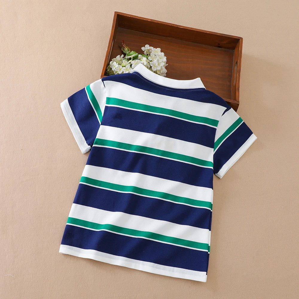 Boys Striped Polo Shirts 5-12 Years Kids Summer Short Sleeve Lapel T-Shirt Casual Badge Top Children School Uniform Tee