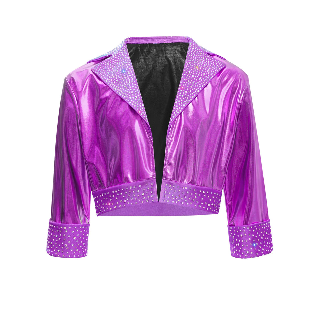 Kids Girls Shiny Rhinestones Metallic Jacket Hip Hop Jazz Dance Top Outerwear Long Sleeve Disco Stage Performance Streetwear