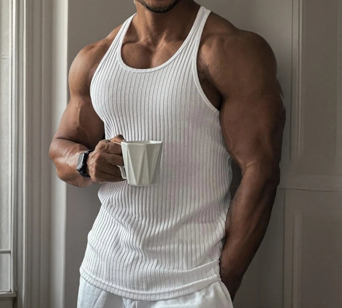 New Fitness Sports Tank Top Men's Sleeveless Summer Knitted Vertical Striped Casual Slimming Men's Sports Tank Top