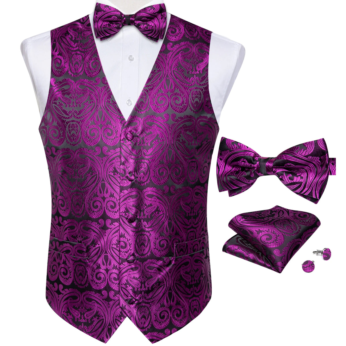 Wedding Classic Red Paisley Dress Vest for Man Fashion V-neck Luxury Men's Business Waistcoat Bowtie Pocket Square Cufflinks Set