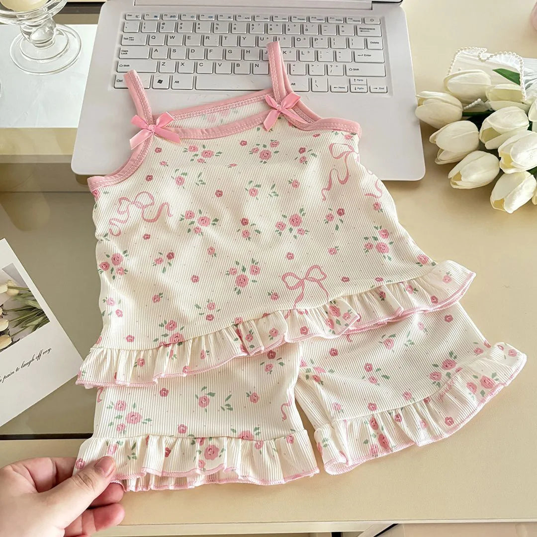 Ins Korean Style Toddler Girls Summer Pajama Set Sleeveless Bow Strap Design With Cartoon Floral Print Loose Casual Nightwear