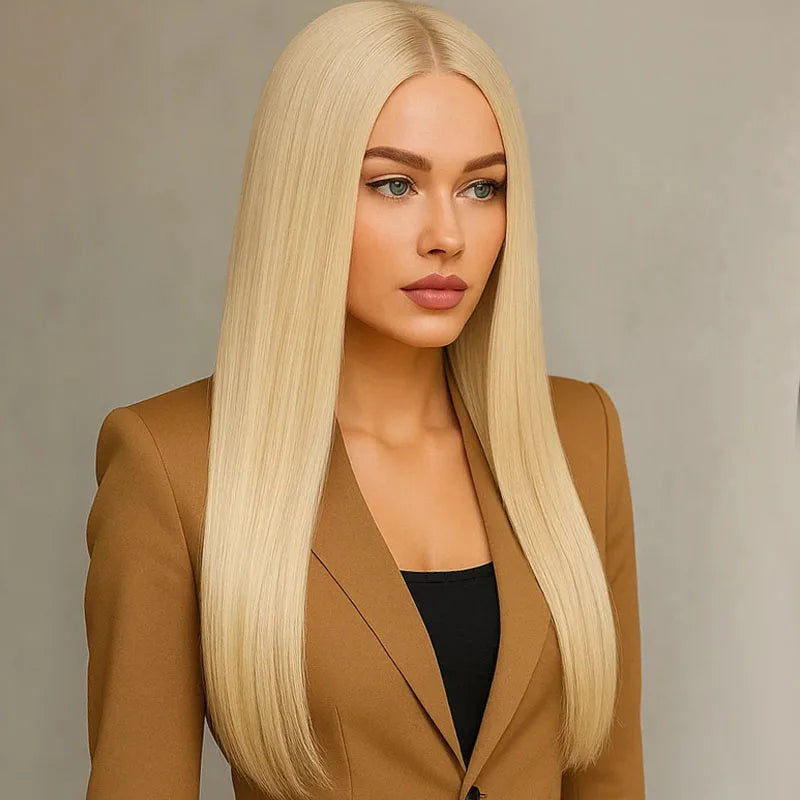 Women's golden 28 inch straight synthetic wig is fashionable and elegant, suitable for daily party wear