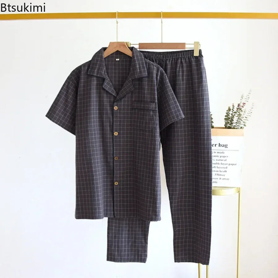 2026 Men's Spring Summer Pajamas Short Sleeved Top and Pants Washed Cotton Simple Plaid Home Service Suit Pantalon Pijama Hombre