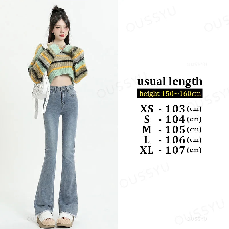 Spring Summer Flared Jeans Women Cotton Vintage Blue Denim Pants Streetwear Elastic High Waist Slim Harajuku Trouser Plus Length