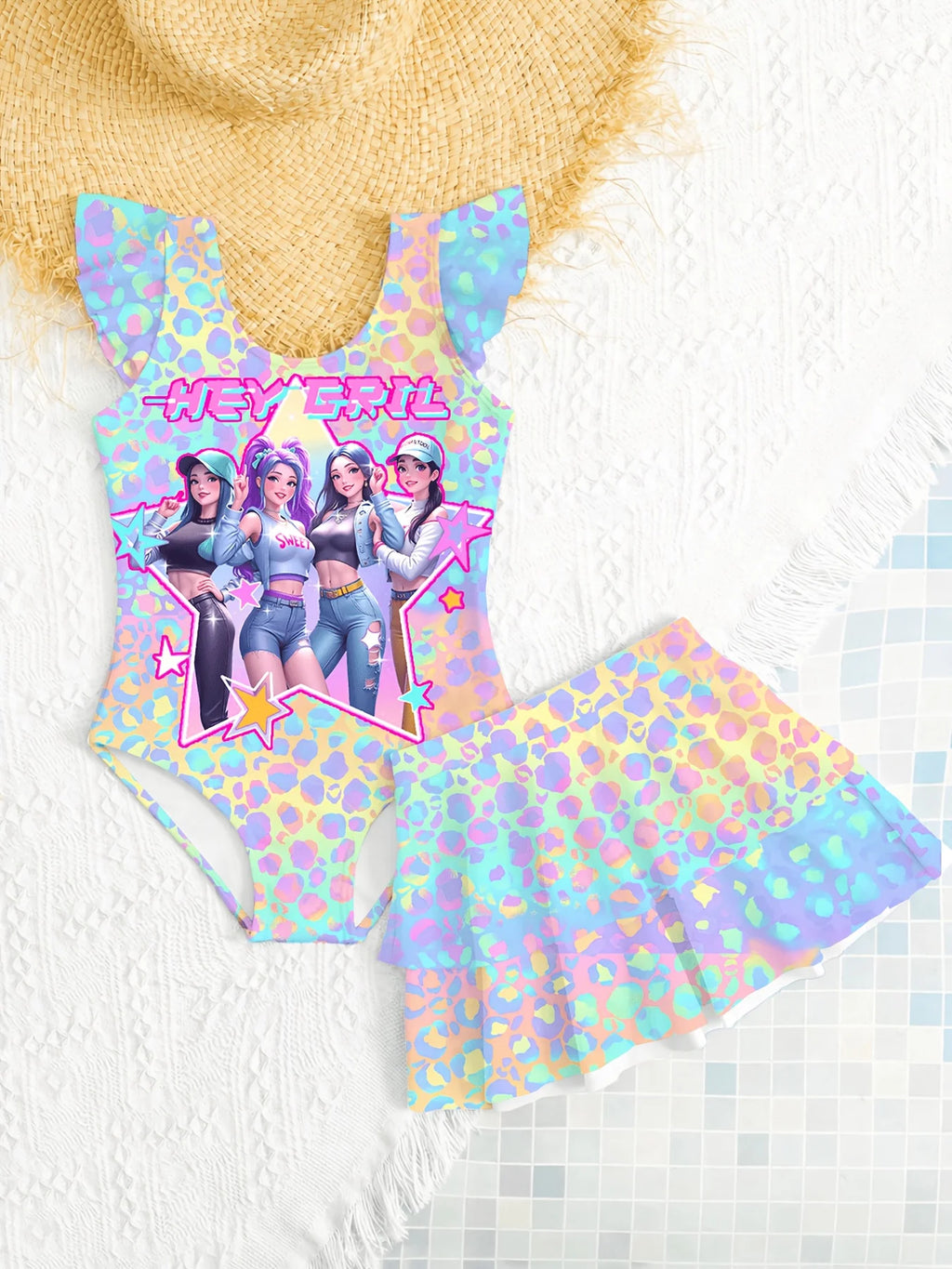 Girls' Summer Casual Swimwear, Children's One-Piece Swimsuit, Beach Dress, Two-Piece Girls' Swimsuit, Gradient Rainbow Cartoon Print, Sweet and Cute, Suitable for Girls Aged 4-12, Pool and Beach Clothes