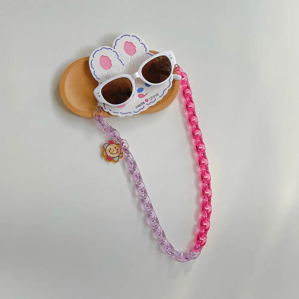 2Pcs/Set Spring Summer Kids Cat Eye Sunglasses Fashion Kawaii Sunscreen Eyeglasses Outdoor with Eyeglass Chains Children Eyewear