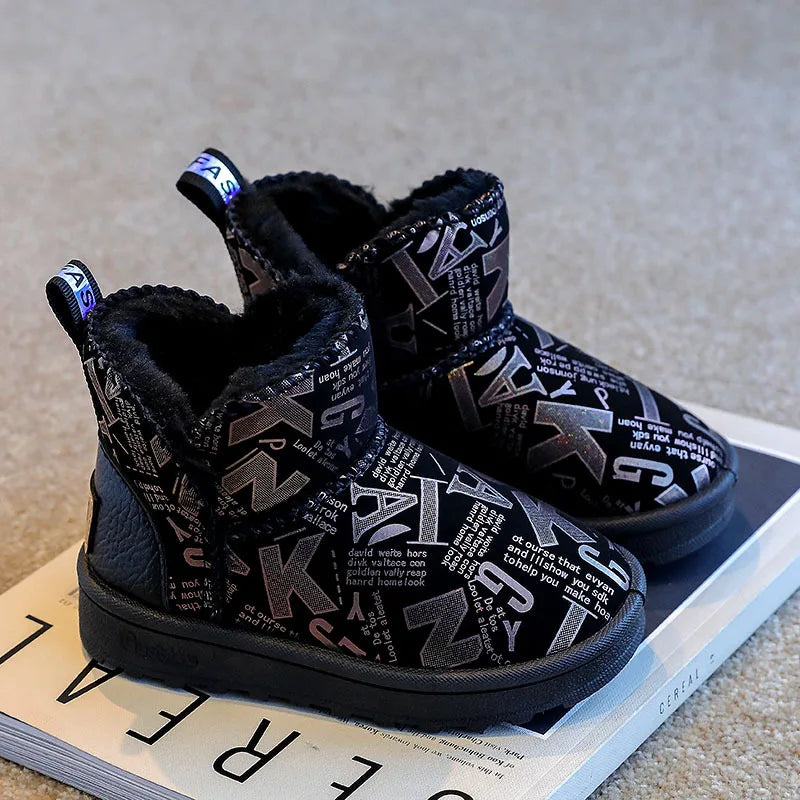 Children's Waterproof Non-slip Leather Boots Stylish and Shiny Kids Winter Fur Warm Shoes Girls' Plush and Thickened Snow Boots