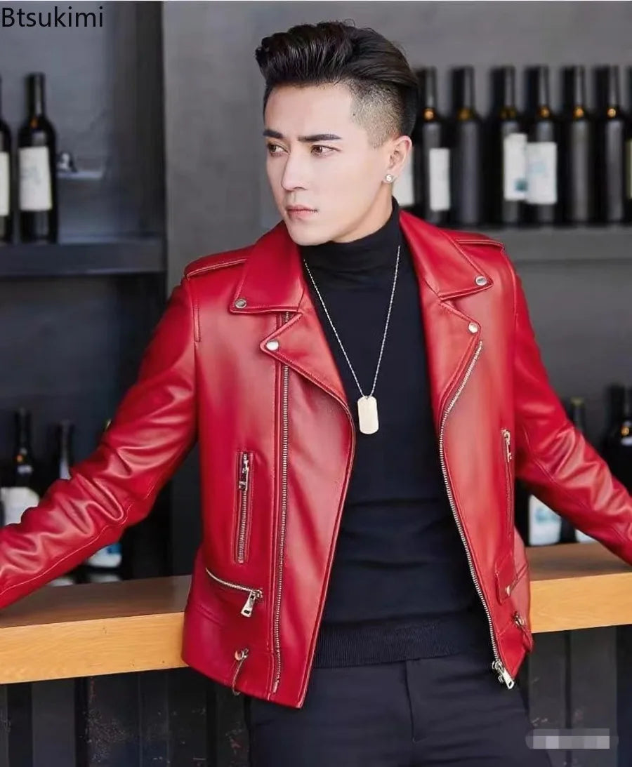 Men's PU Leather New Leather Jacket Sheep Suit Motorcycle Leather Coat Male Streetwear Regular Slim Handsome Large Size Jacket
