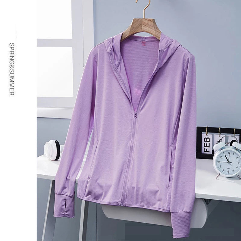 UPF50+ Sun Protection jacket women Ice Silk Hooded Coat for Summer Air Conditioning Clothing Breathable Solid Color