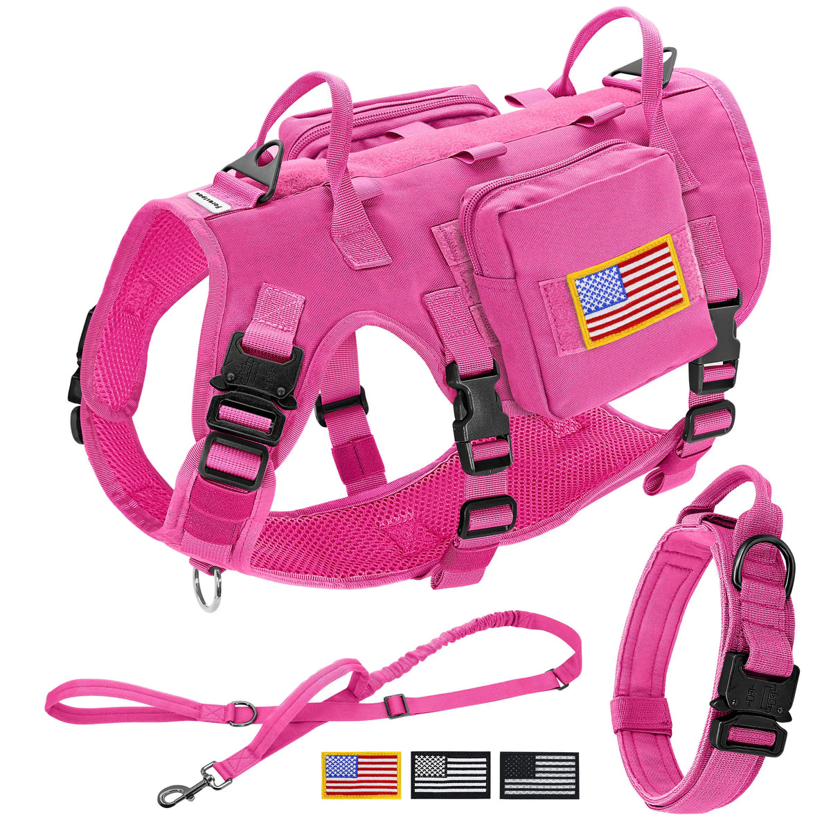 Military Tactical Dog Harness Collar Leash Set with Pouches Flags Durable Pet Harnesses Vest Collars Leashes for Dogs Training