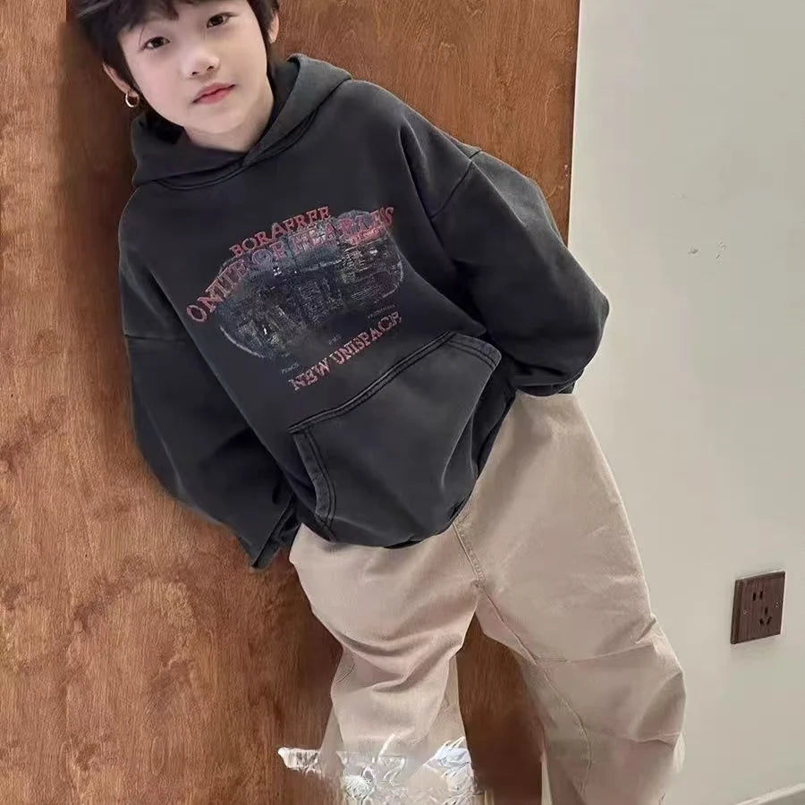 Boys Hooded Sweater Autumn New Children's Retro Trendy Casual Jumper Boys Loose Top 2025