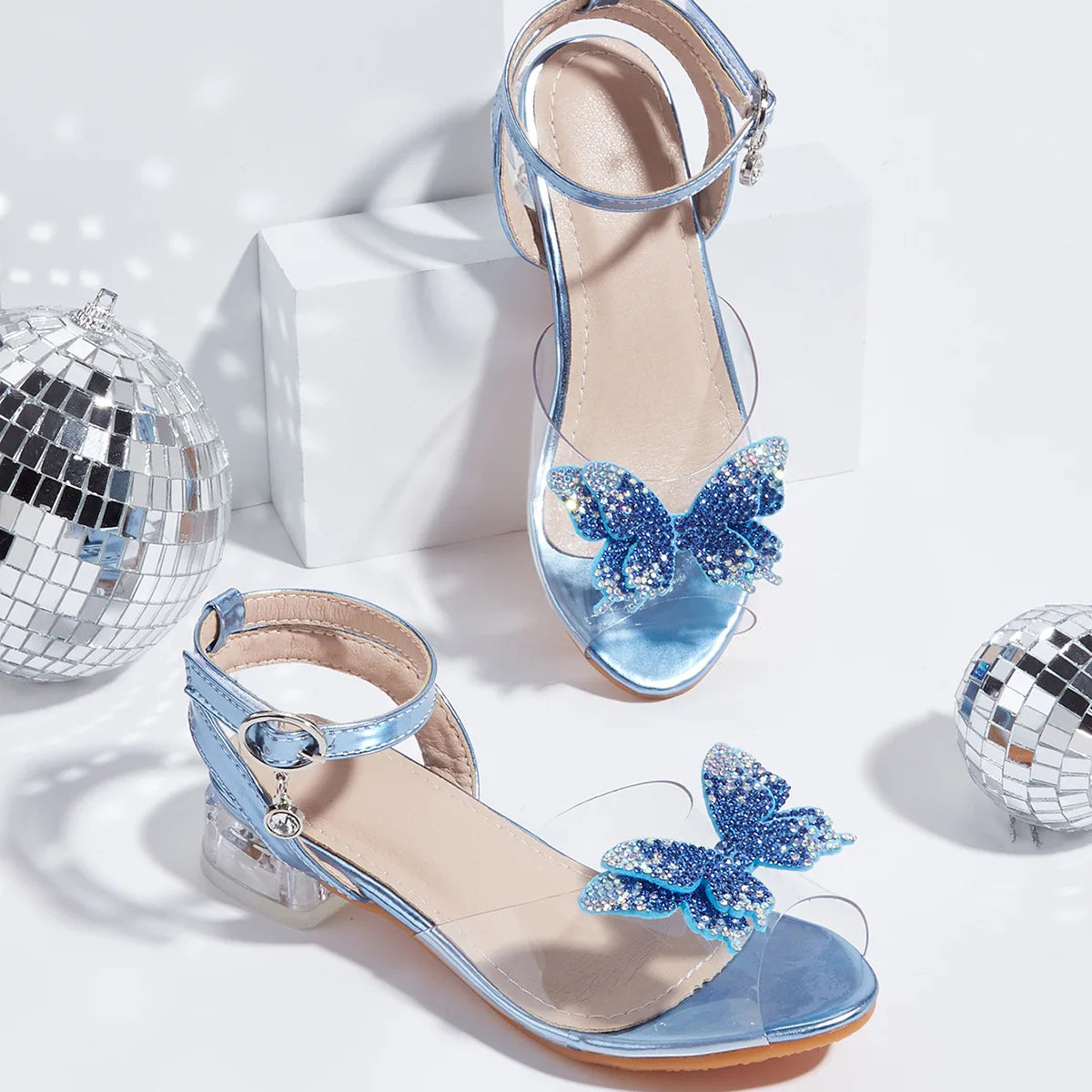 2025 Summer Latest Girls Sandals Bow Thick with Transparent Ankle Strap Children High Heels Rhine-drill Open Toe Princess Shoes