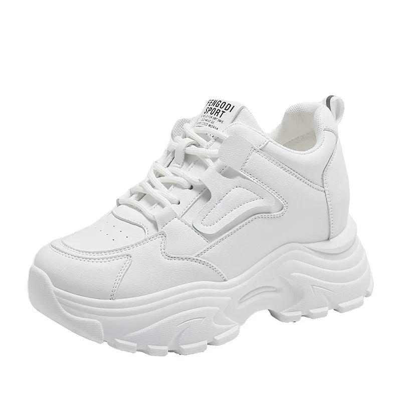 Women's Sneakers White Platform Shoes 2025 Lace-Up Thick Bottom Vulcanize Shoes Solid Color Casual Shoe Pu Leather Women Shoes