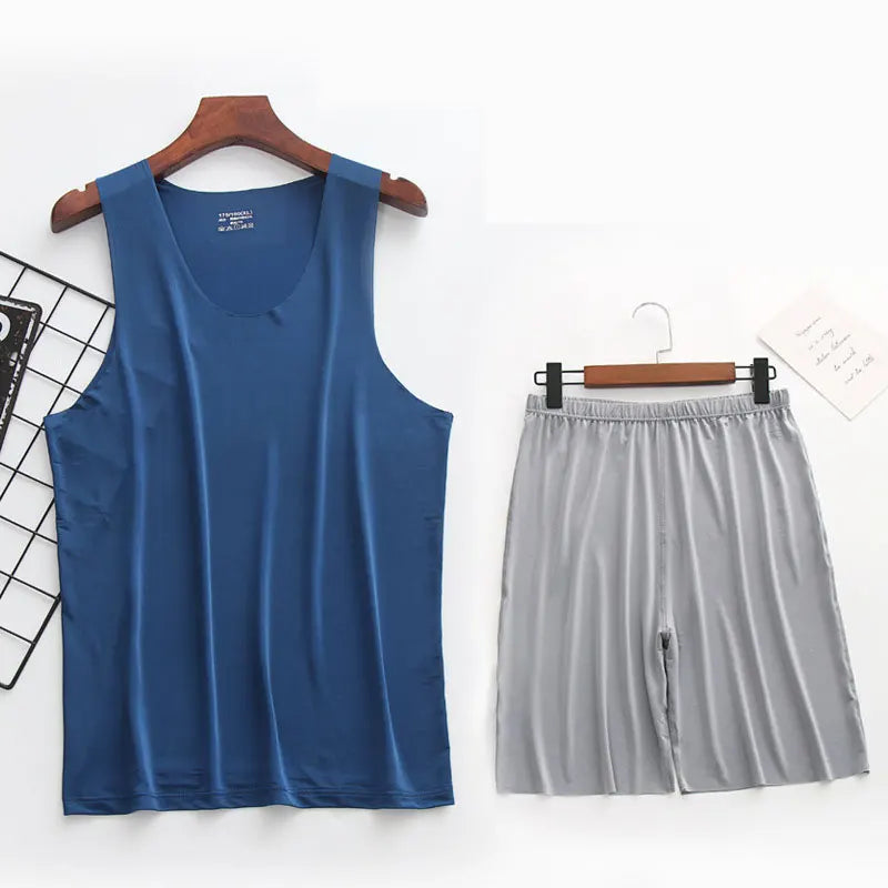 Mens Ice Silk T-Shirt & Short Pants 2Pcs Pijamas Sleep Set Ultra-thin Homewear Clothing Summer Pyjamas Sleepwear Nightwear Suit