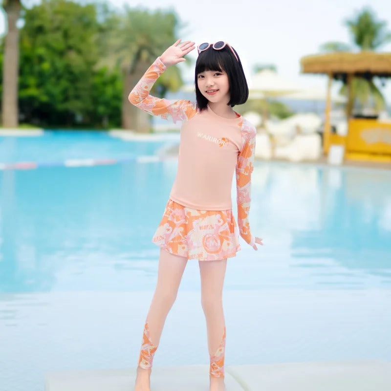 New Girls Fashion Swimsuit Sets Kids Long Sleeve Letter Top + Pants + Skirt 3Pcs for Kids 5-12 Years Split Swimming Clothes