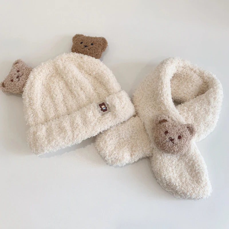 Baby Hat Scarf For Girls Boys Winter Warm Set Cartoon Bear Cold-proof Clothing For Kids Children Stuff Brimless Cap Scarf