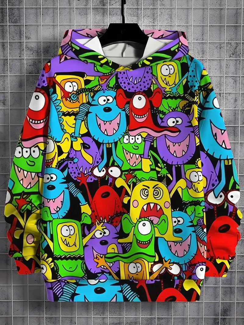 Colorful Cartoon Pattern Hoodies For Men Fun Anime Letter Ooops 3D Printed Sweatshirts Casual Long Sleeves Pullover Unisex Tops