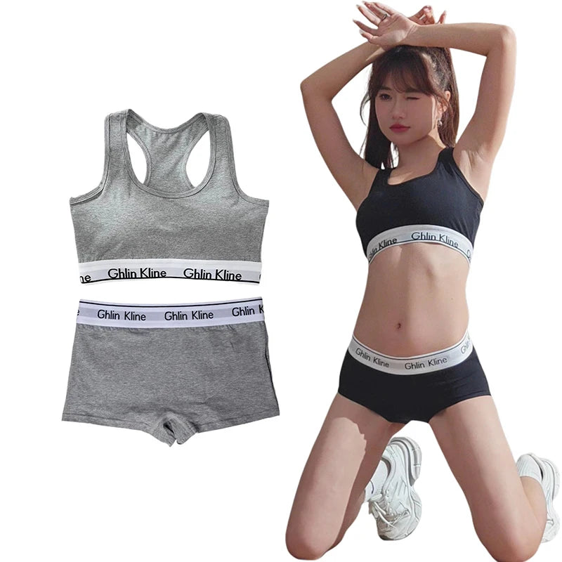 Women's Cotton Sports Bra Set with Padded Underwear And Flat Angle Sports Shorts Comfortable Breathable