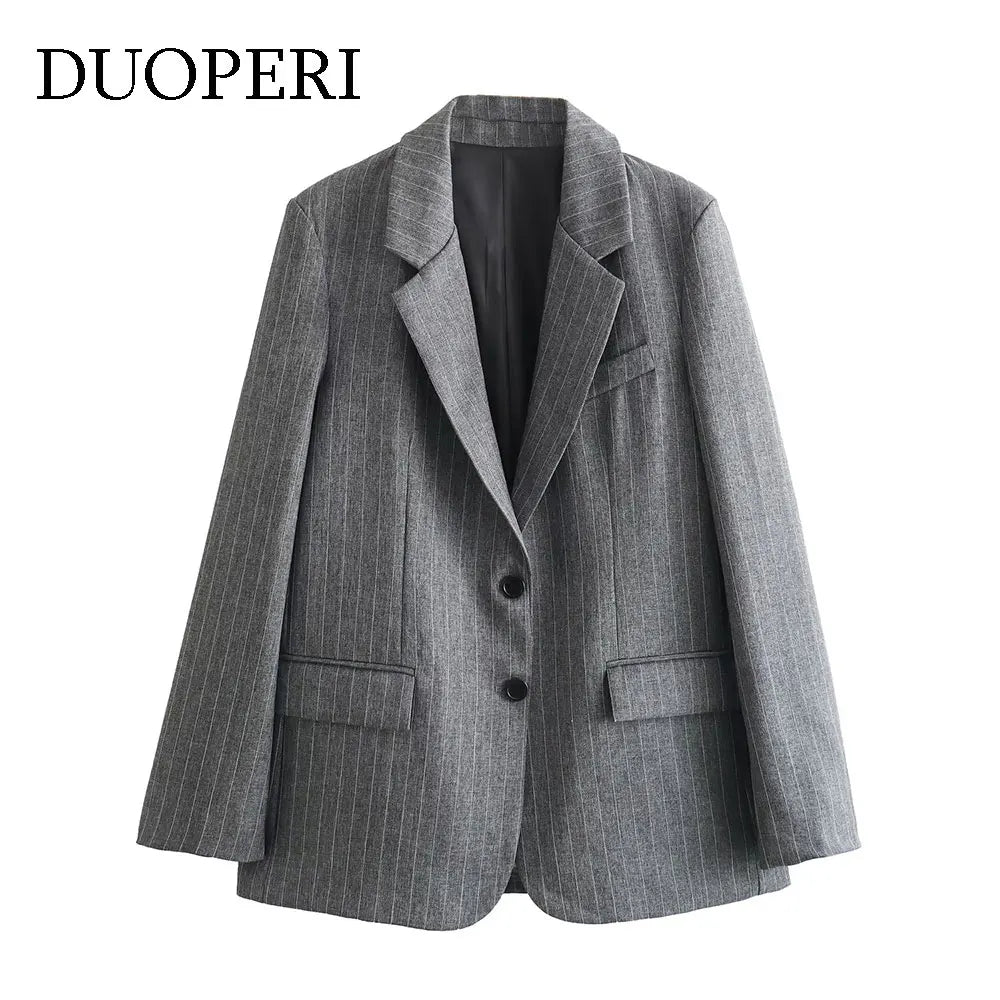 DUOPERI Women Fashion With Pockets Striped Single Breasted Blazer Notched Neck Long Sleeves Female Chic Lady Outfits