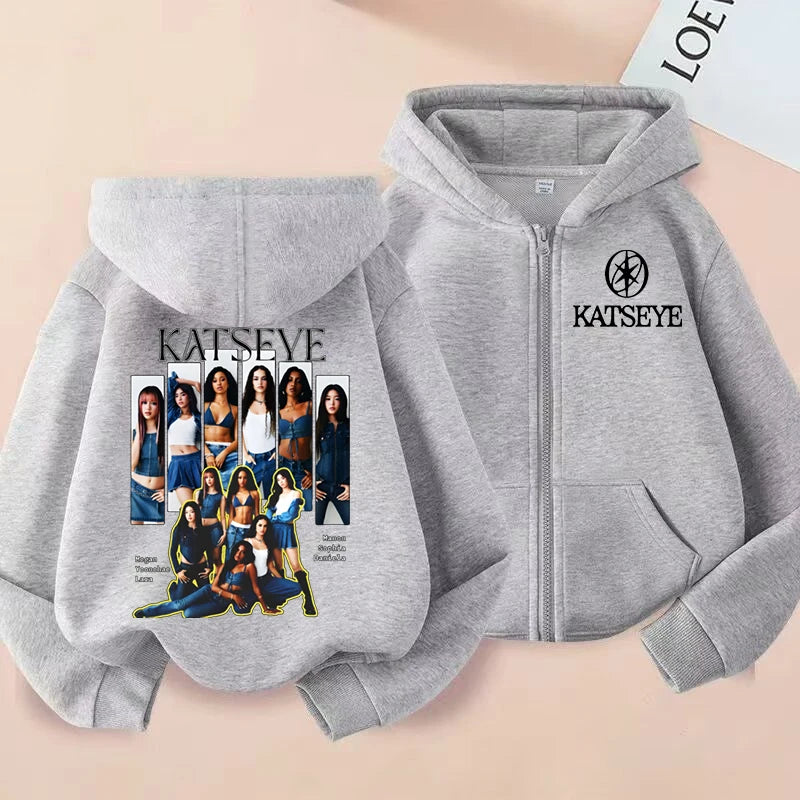Kids Zip Up Sweatshirts Kpop Katseye Print Hoodie Children Clothes Kids Casual Tops Girl Boy Sweatshirt Zipper Hoody Streetwear