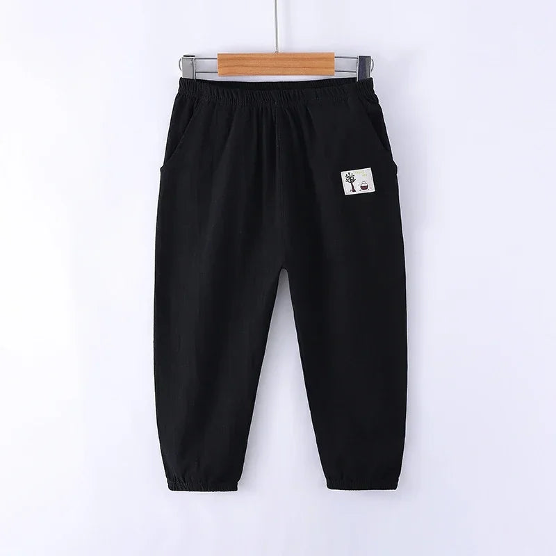 Children Trousers For Boys Girls Cotton Linen Elastic Waist Solid Color Summer Mosquito Pants Kids Clothing Long Pants 100-160cm