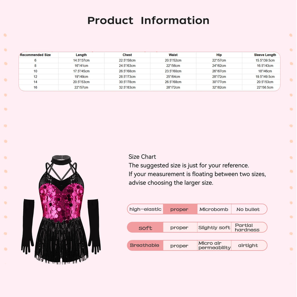 Kids Girls Latin Dance Dress Halter Sleeveless Shiny Sequins Fringed Leotard with Gloves Tango Samba Salsa Ballroom Dancewear