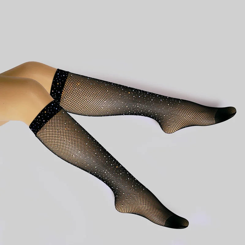 Women's Socks Hot Colored Diamond Calf Socks Fishnet Eyes Hollow Calf Socks Short Mesh Net Rhinestones Socks