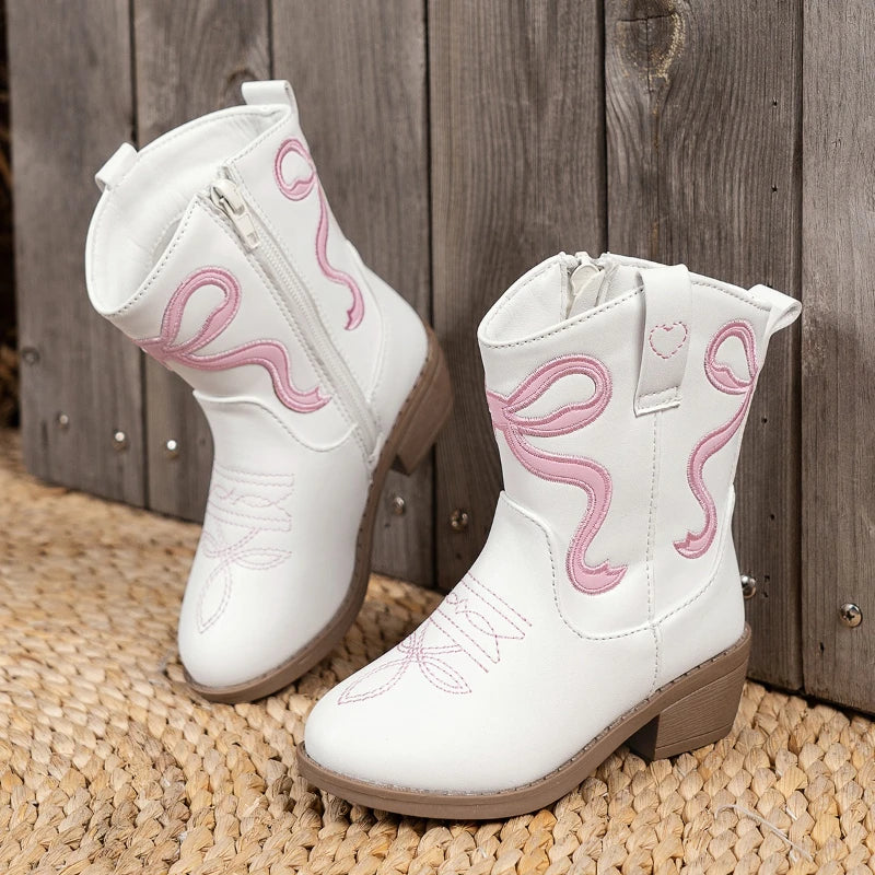 Kids Ankle Boots Kids White Western Cowboy Mid-calf Boots with Pink Embroidery Stylish Toddler Shoes Girls Princess Knight Boots