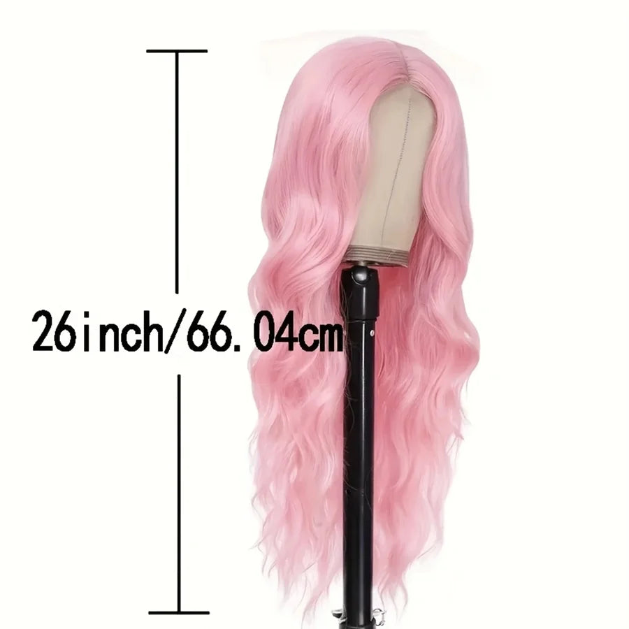 26 Inch Pink Wig for Women Pink Wavy Wig Middle Part Light Pink Wigs Natural Looking Heat Resistant Synthetic Wigs for Daily