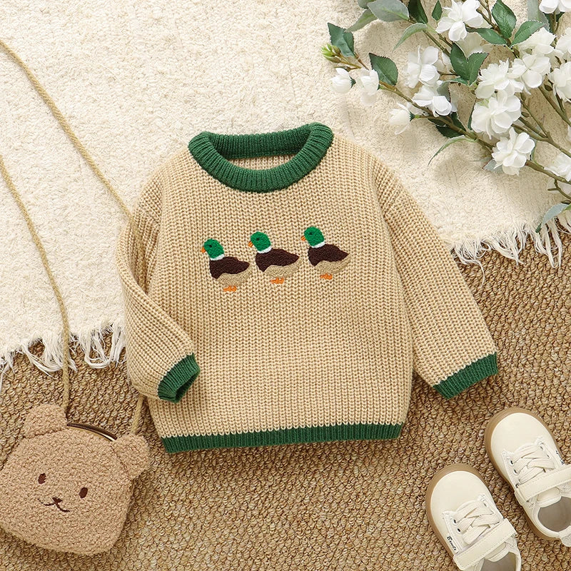 Infant Baby Sweaters Knitted Boy Girl Pullovers Long Sleeve Autumn Newborn Kid Clothes Fashion Pink Solid Cute Cartoon Duck Tops