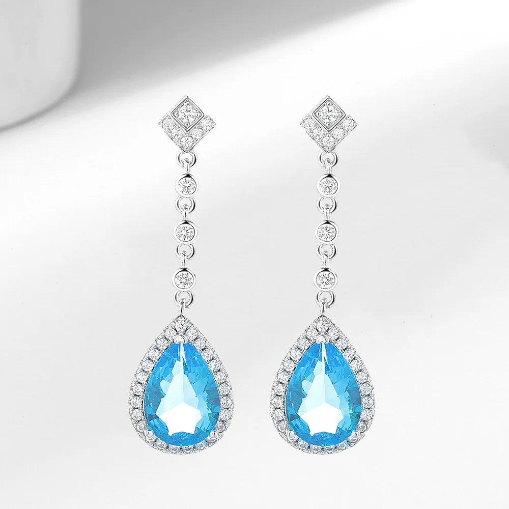 Women's Luxury Blue Water Drop Jewelry Set 925 Silver Cubic Zirconia Necklace Earrings Ring Bridal Wedding Party Jewelry Set