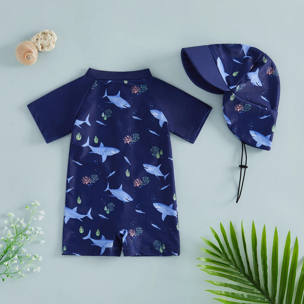 Toddler Boys Rash Guard Swimsuit Sea Animal/Tropical Plant Print Short Sleeves Mock Neck Zipper Romper Swimwear Cap Beachwear