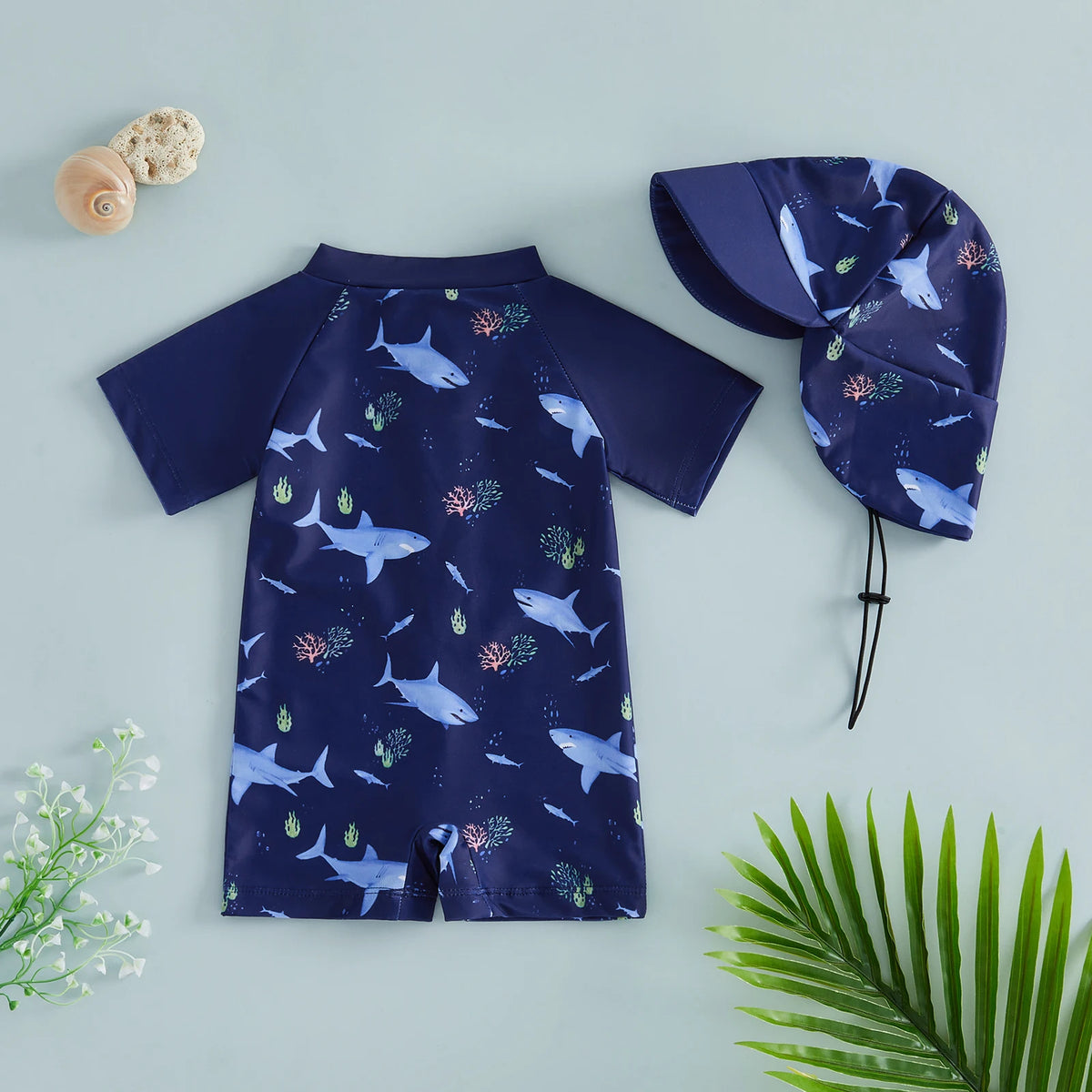 Toddler Boys Rash Guard Swimsuit Sea Animal/Tropical Plant Print Short Sleeves Mock Neck Zipper Romper Swimwear Cap Beachwear