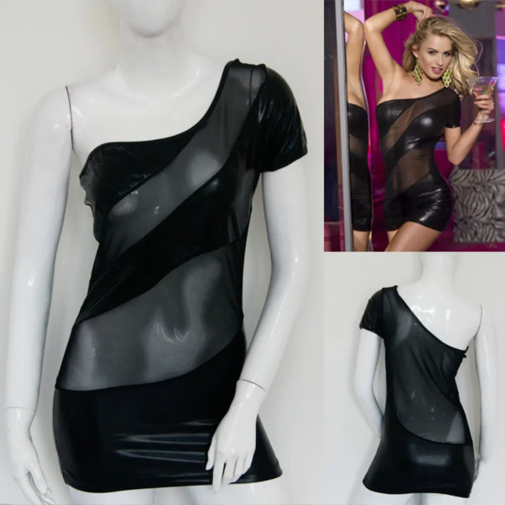 Women Bodycon Leather Wet Look Mini Dress One Shoulder Party Clubwear