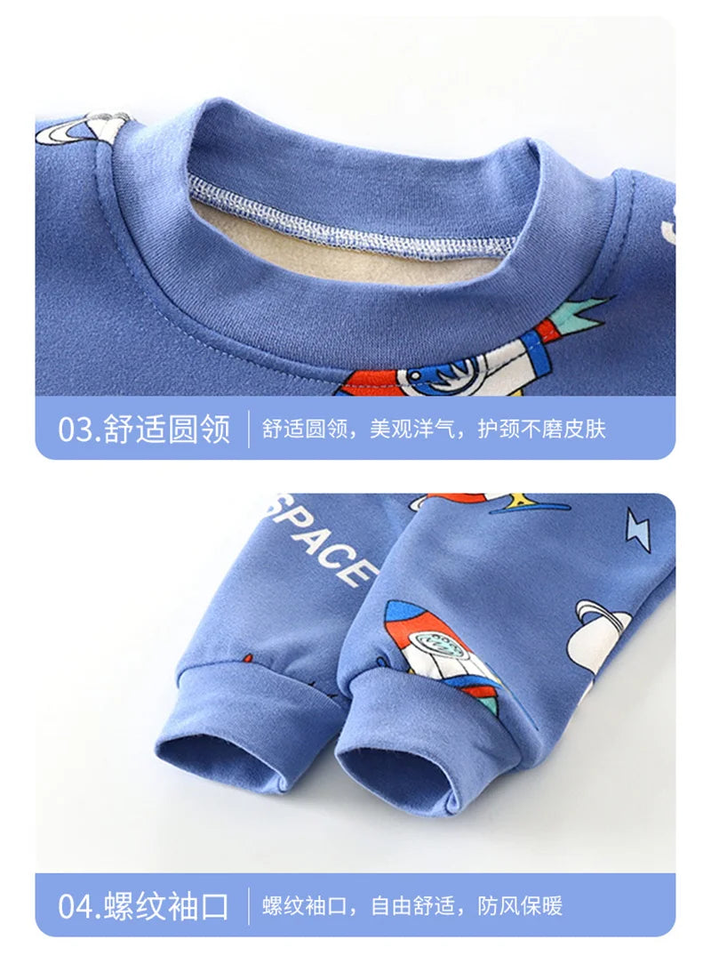 Kids Warm Pajama Sets Autumn Winter Plus Velvets Clothing Suits Boys Girls Fashion Print Pullover+Pants 2Pcs Outfits 1-14 Years