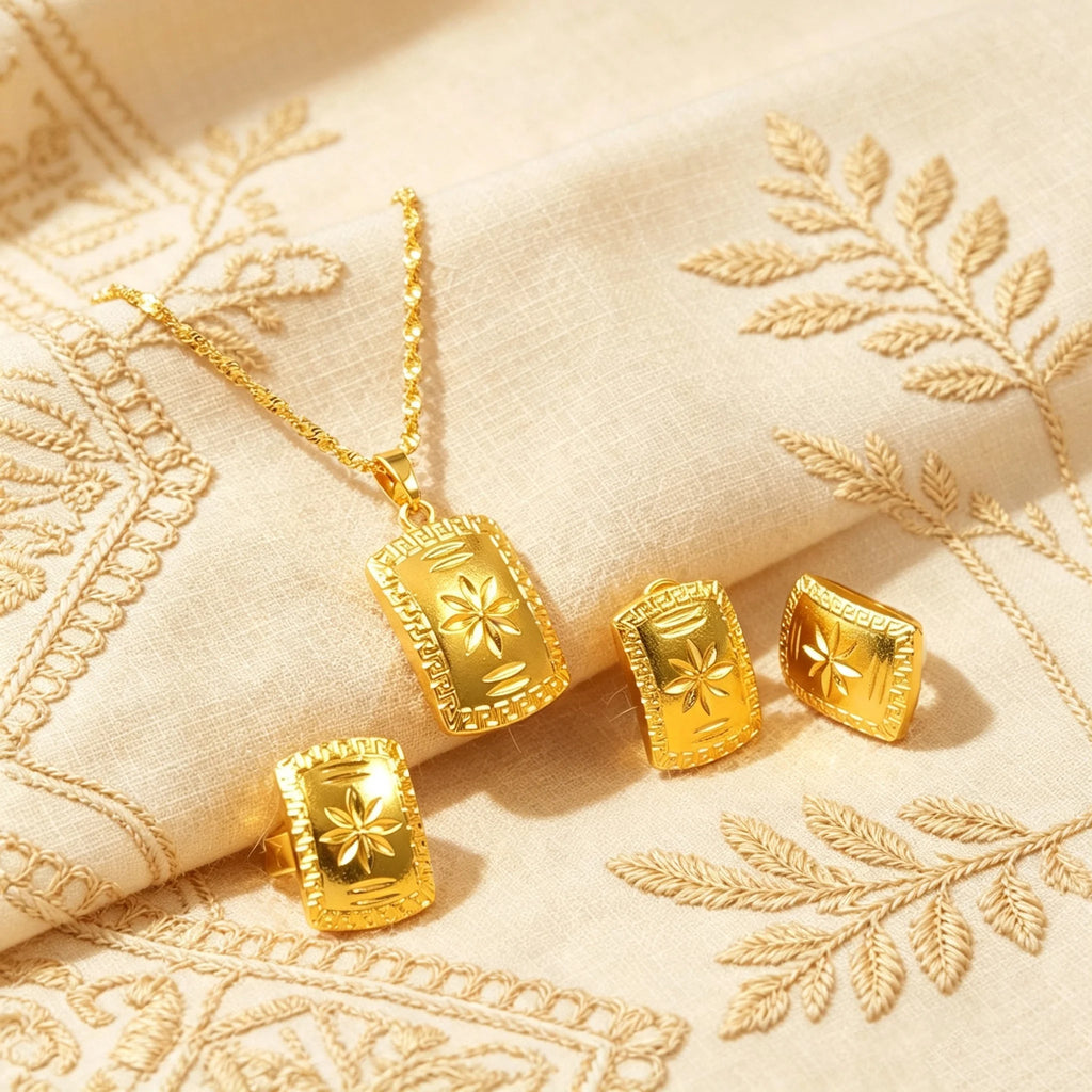Women Vintage 4‑Piece Gold Tone Jewellery Set Square Flower Carved Necklace Earrings Ring Daily Banquet Ornament Gift
