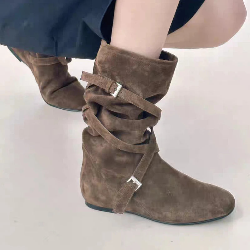 Women Flats High Boots Suede New Casual Sport Shoes Mid Calf Pleated Chelsea Fashion Boots Trend Woman Sneakers Walking Botas
