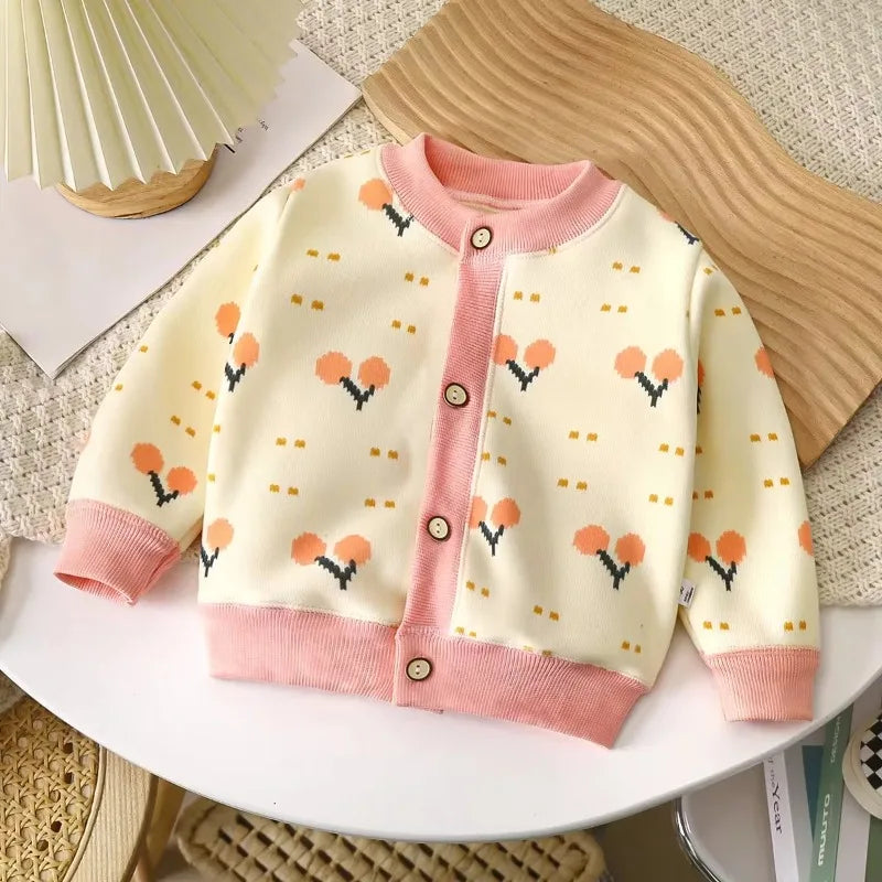 1-7T Children Long Sleeved Jacket Fur Padded Cute Girls Coat Kids Autumn Sweet Cherry Checkered Pattern Warm Cardigan Outwear