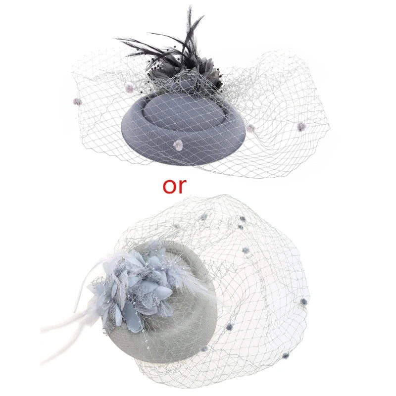 Fascinator Hats for Women Pillbox Cap with Flower Furry Mesh Veils and Hair Clip Party Headwear Headdress