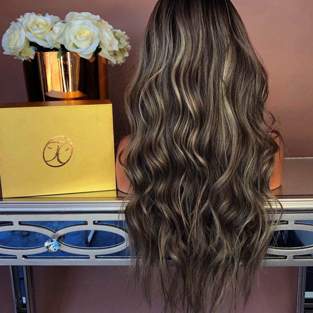 Synthetic Hair Wig Middle Part Curly Wig Brown with Blonde Natural Hair Long Daily Use Wigs for Women