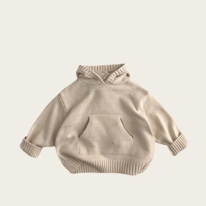 Spring Kids Hooded Knitted Sweater 1-6Y Girls Boys Cotton Solid Color Vintage Tops 2026 Children Pocket Pullover Outside Wear