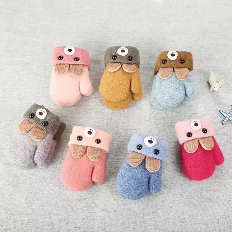 0-3 Year Old Children's Gloves Boys and Girls Cute Little Bear Cartoon Knitted Yarn Gloves Double-layer Thick Keep Warm Winter