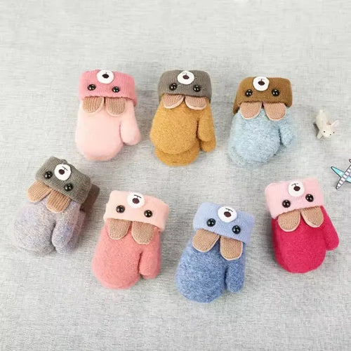 0-3 Year Old Children's Gloves Boys and Girls Cute Little Bear Cartoon Knitted Yarn Gloves Double-layer Thick Keep Warm Winter