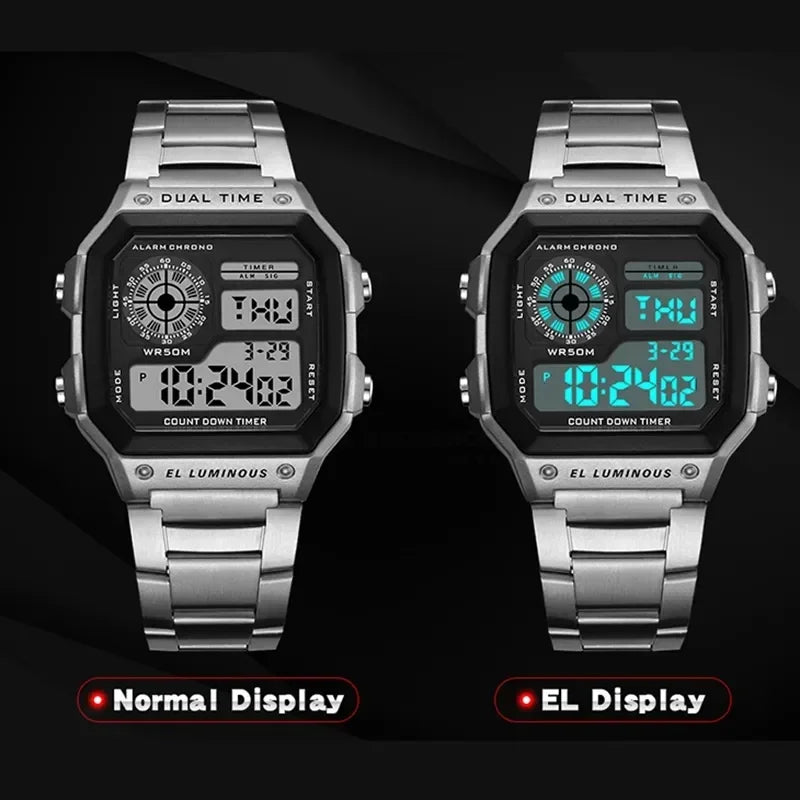 Digital Watch Watch Stainless Steel Strap Countdown Sport Watches Waterproof Led Electronic Wristwatch for Men Gift