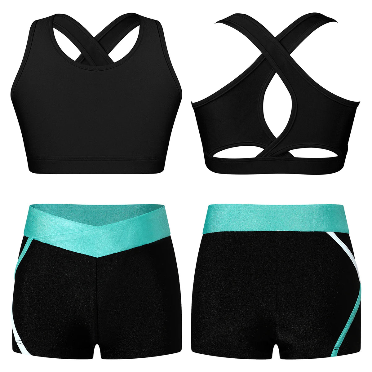 Kids Girls Summer Sports Set Sleeveless Cross Rear Crop Top with Low Rise Shorts Gymnastics Yoga Fitness Cycling Dance Outfits