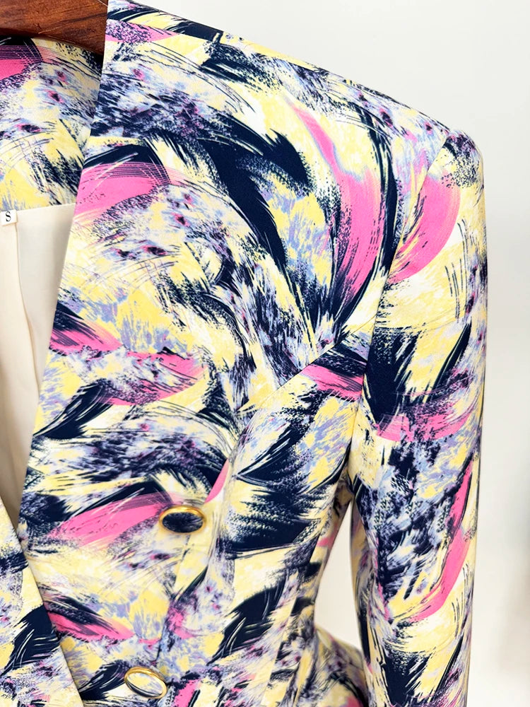 HIGH STREET Newest 2026 Designer Jacket Women's Gorgeous Feather Printed Collarless Blazer