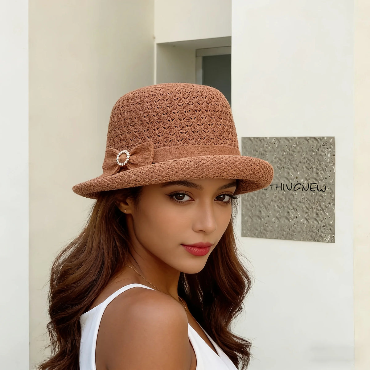 Women's Bucket Hat Features Breathable Crochet Design Bow Rhinestone Clasp,Casual Outings Vacations Summer Activities
