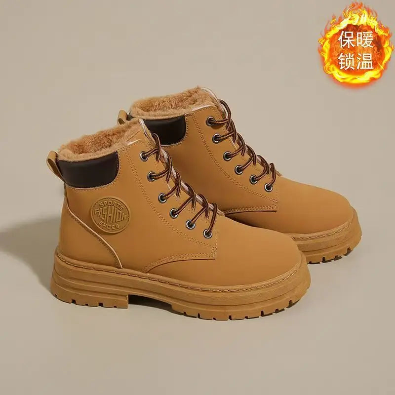 Women's Boots 2026 High Top Workwear Boots British Style Korean Version Thick Soled Lace Up Anti Slip Warm Waterproof Boots